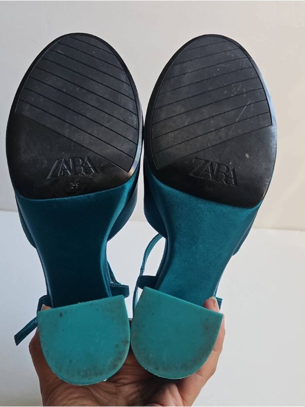 Zara Emerald Green Satin Ankle Strap Platform Block Heel Sandals - Picture 6 of 7